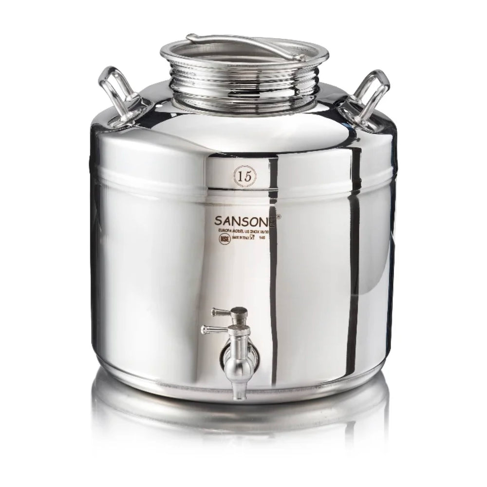 Sansone stainless steel 15L olive oil container. Perfect for storing bulk olive oil. Comes with a separate tap.