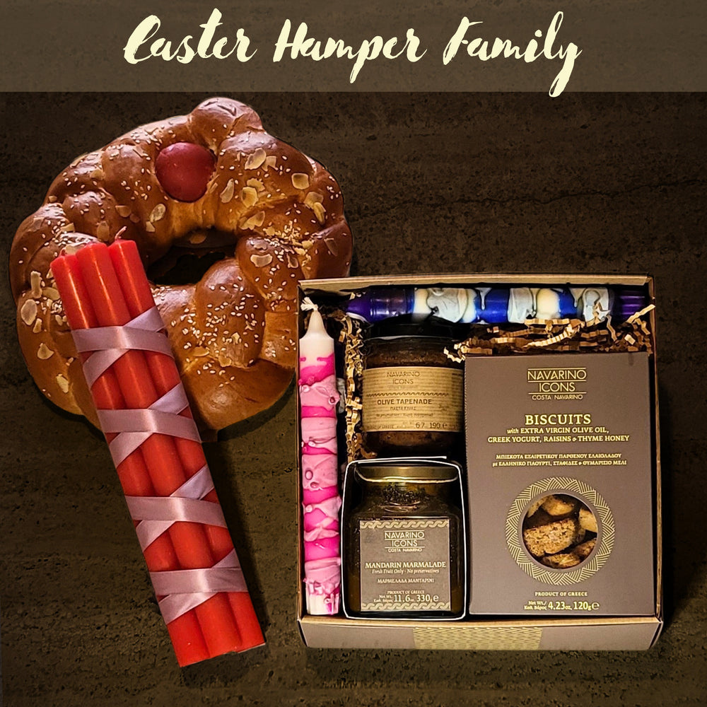 Navarino Icons Orthodox Easter Hamper, featuring award-wining 'icons', a premium, fresh 'Tsoureki' and an assortment of Easter candles.