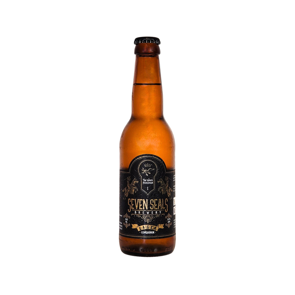 SEVEN SEALS The White Horseman 'CONQUEROR' is a handcrafted traditional LAGER. Golden-coloured, refreshing, it boasts a subtle malt flavour with a crisp, bitter aftertaste. 330ml bottle.