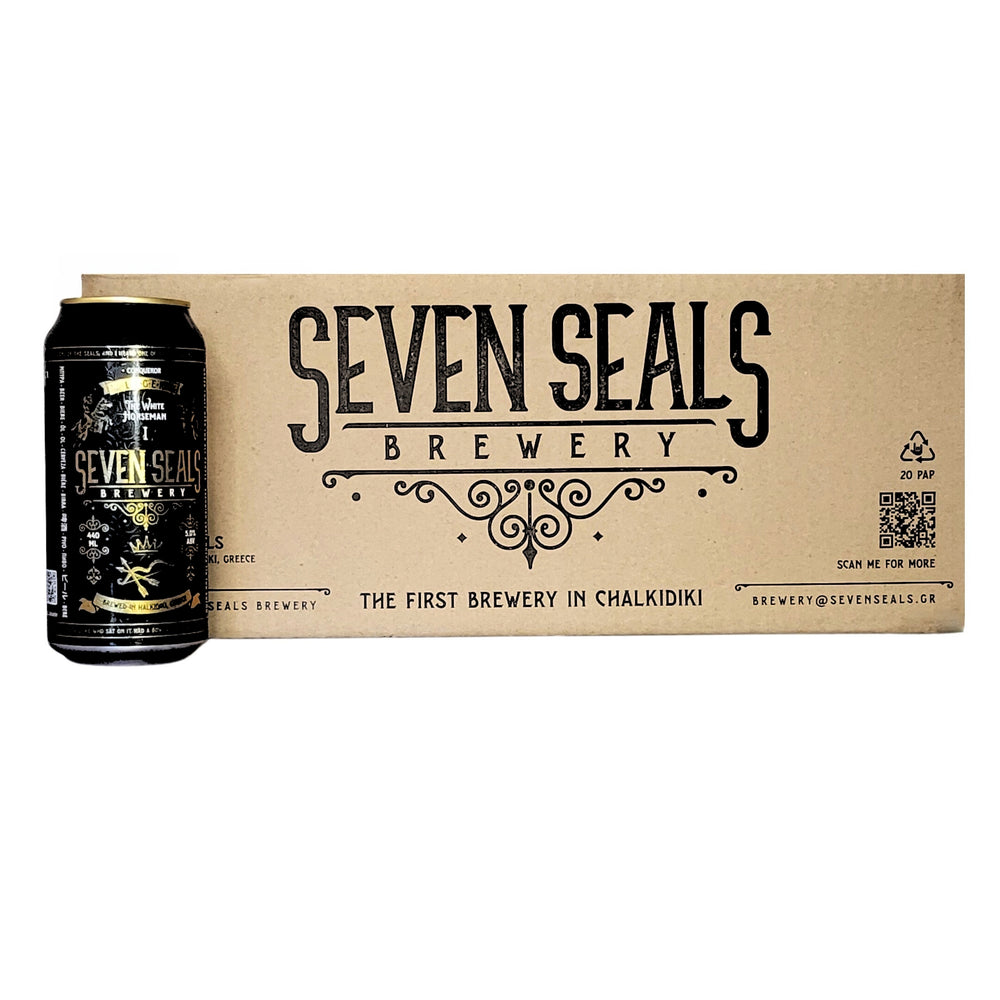 SEVEN SEALS The White Horseman 'CONQUEROR' is a handcrafted traditional LAGER. Golden-coloured, refreshing, it boasts a subtle malt flavour with a crisp, bitter aftertaste. 440ml can. Case 24.