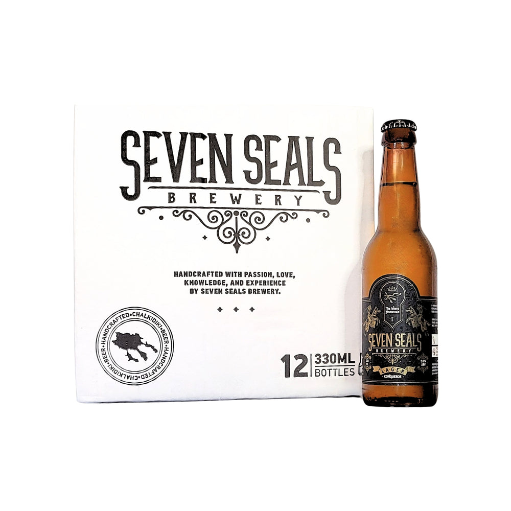 SEVEN SEALS The White Horseman 'CONQUEROR' is a handcrafted traditional LAGER. Golden-coloured, refreshing, it boasts a subtle malt flavour with a crisp, bitter aftertaste. Case 12.