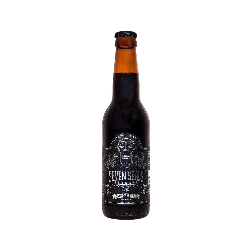 SEVEN SEALS The Black Horseman 'FAMINE' is a handcrafted traditional OATMEAL STOUT. A full-bodied, malty and mysterious black beer full of surprises with chocolate and coffee aromas, vanilla and cocoa notes and a rich, sweet, alcoholic aftertaste. 330ml bottle.