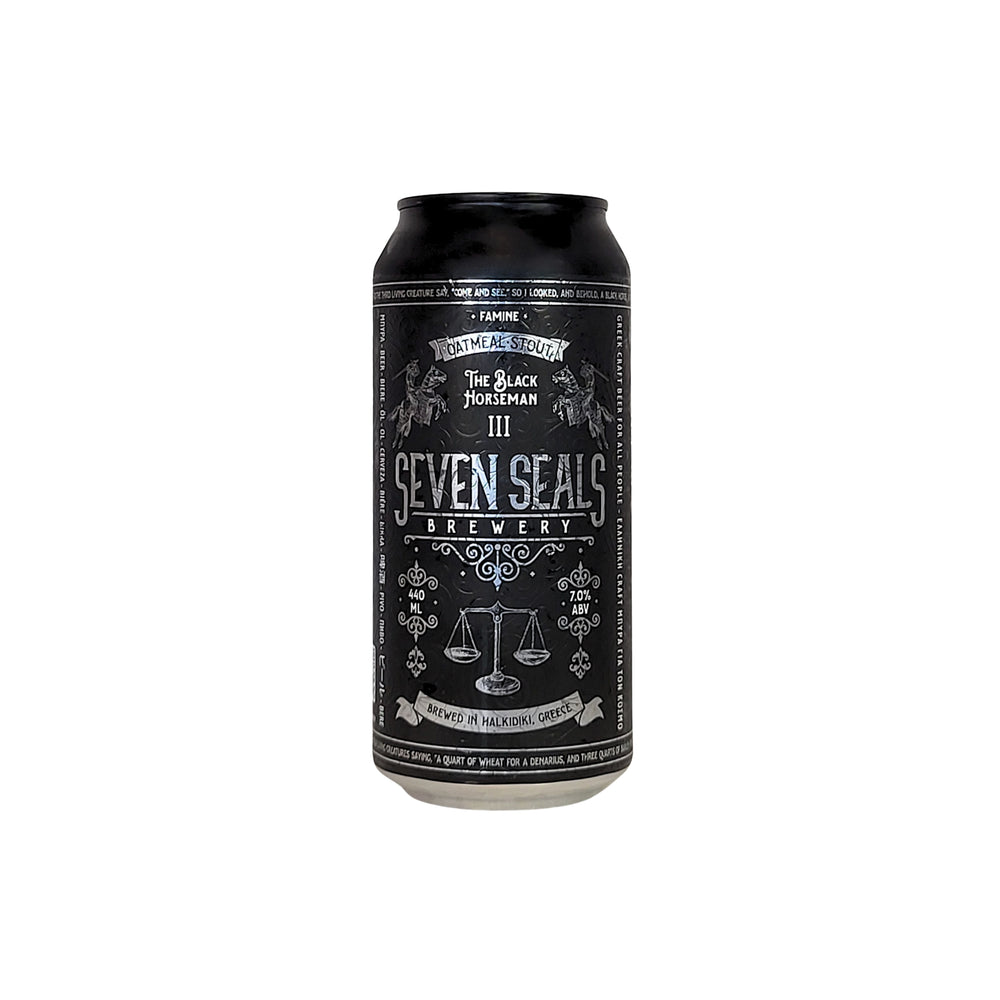 SEVEN SEALS The Black Horseman 'FAMINE' is a handcrafted traditional OATMEAL STOUT. A full-bodied, malty and mysterious black beer full of surprises with chocolate and coffee aromas, vanilla and cocoa notes and a rich, sweet, alcoholic aftertaste. 440ml can.