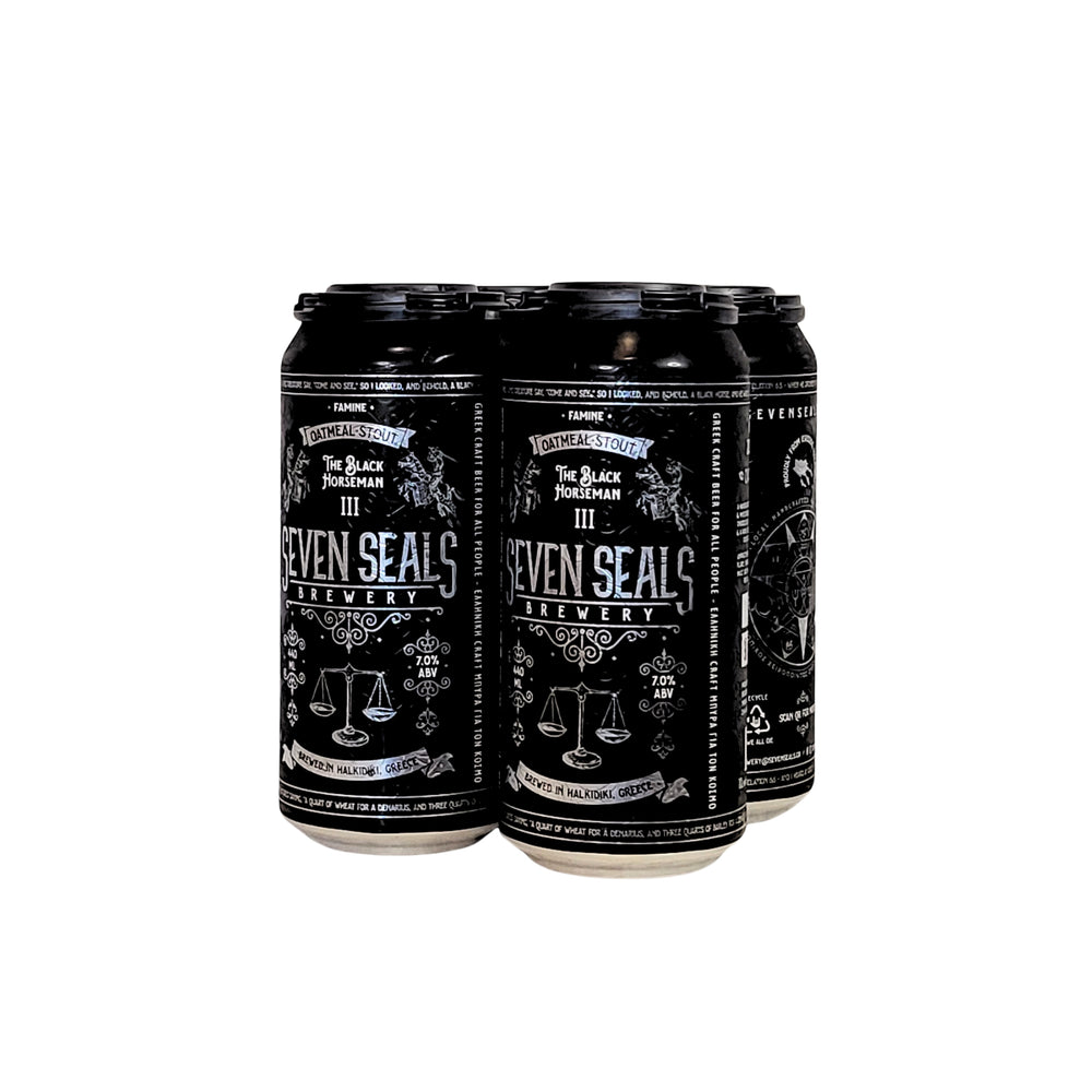 SEVEN SEALS The Black Horseman 'FAMINE' is a handcrafted traditional OATMEAL STOUT. A full-bodied, malty and mysterious black beer full of surprises with chocolate and coffee aromas, vanilla and cocoa notes and a rich, sweet, alcoholic aftertaste. 440ml can. 4-pack.