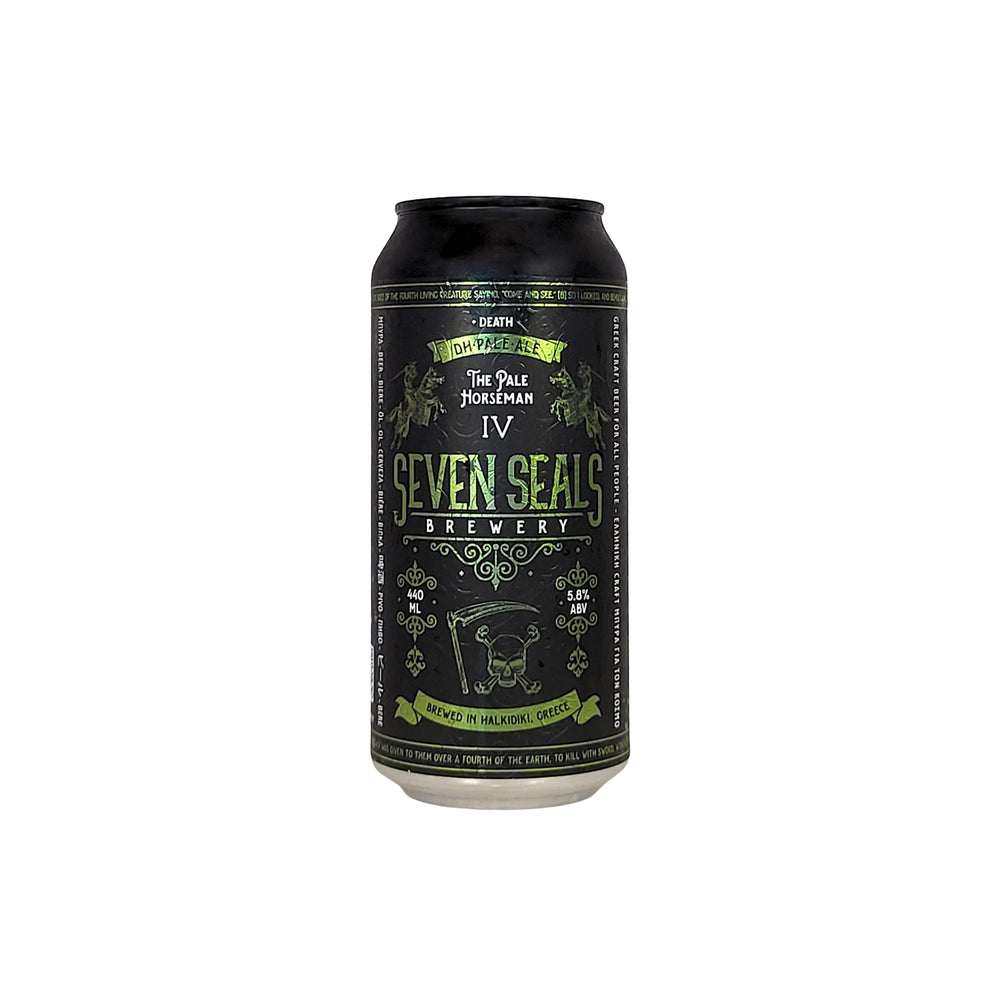 SEVEN SEALS The Pale Horseman 'DEATH' is a handcrafted, fruity, DRY HOPPED PALE ALE. Amber-coloured it boasts a soft, malty character with aromas of sweet tangerine, pineapple and mango. 440ml can.