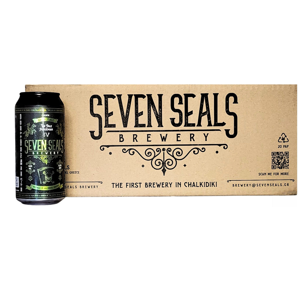 SEVEN SEALS The Pale Horseman 'DEATH' is a handcrafted, fruity, DRY HOPPED PALE ALE. Amber-coloured it boasts a soft, malty character with aromas of sweet tangerine, pineapple and mango. 440ml can. Case 24.