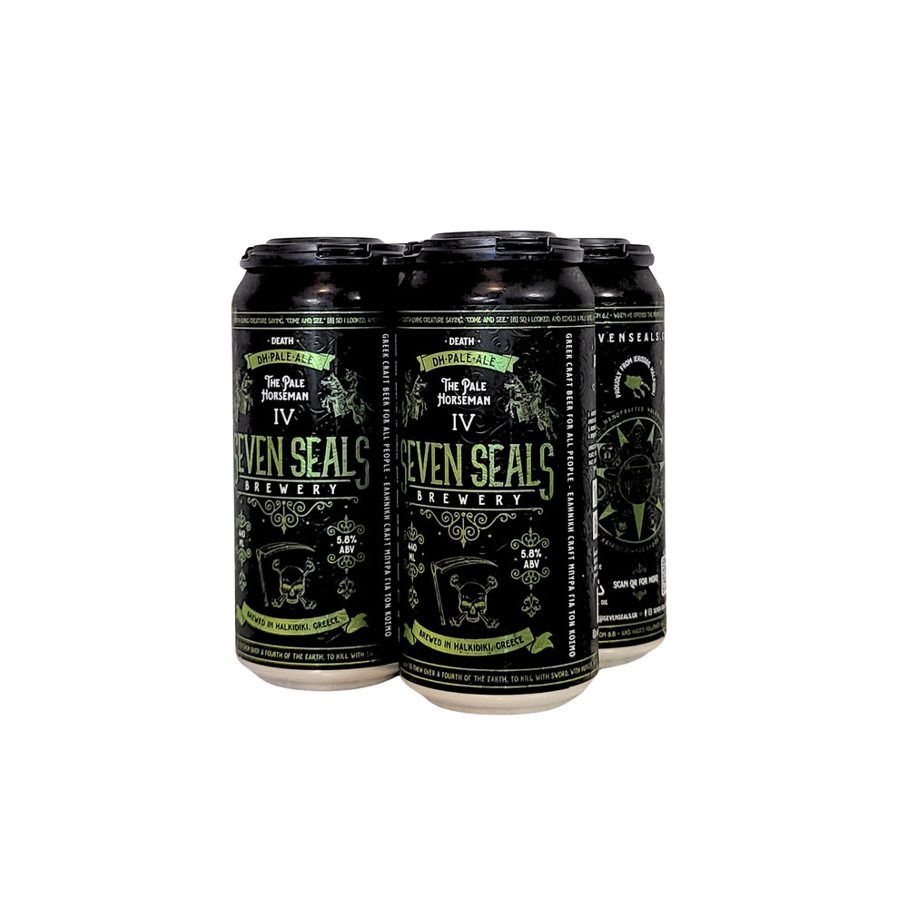 SEVEN SEALS The Pale Horseman 'DEATH' is a handcrafted, fruity, DRY HOPPED PALE ALE. Amber-coloured it boasts a soft, malty character with aromas of sweet tangerine, pineapple and mango. 440ml can. 4-pack.