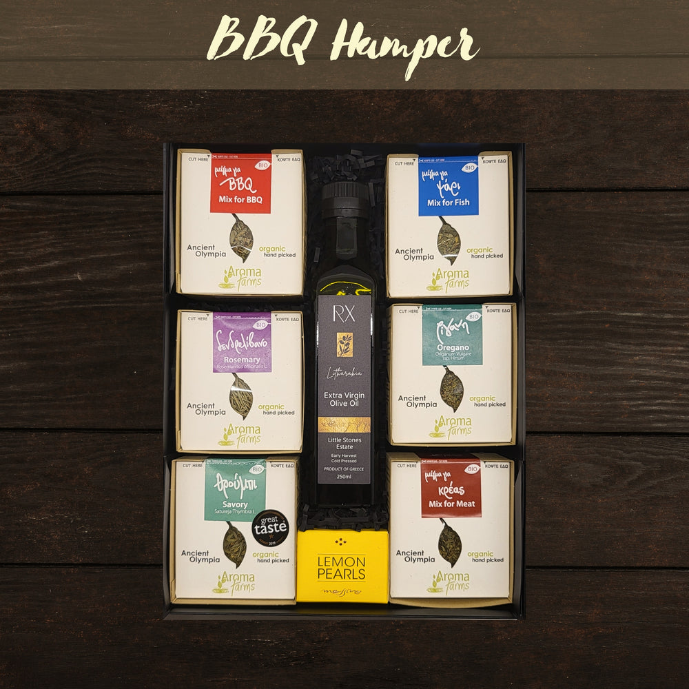BBQ Hamper features the very best in Mediterranean herbs and includes ready-to-use BBQ Mix, Meat Mix, and Fish Mix along with our premium, signature Extra Virgin Olive Oil RX Little Stones Estate, all from the land around Ancient Olympia.