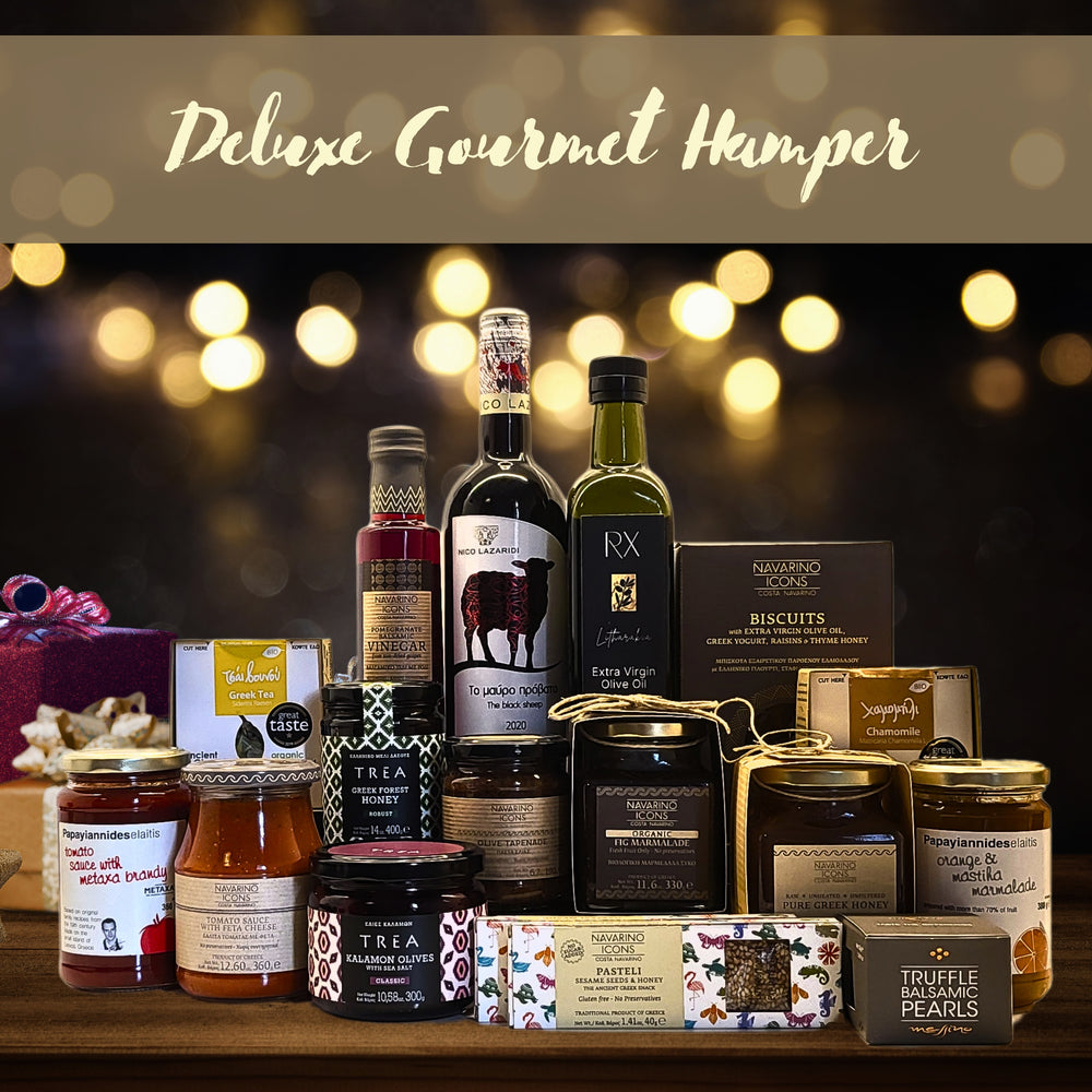 Deluxe Gourmet Hamper features an exquisite Syrah - Merlot from one of Greece's leading estates, Chateau Lazaridi, and an assortment of our gourmet products from Greece.
