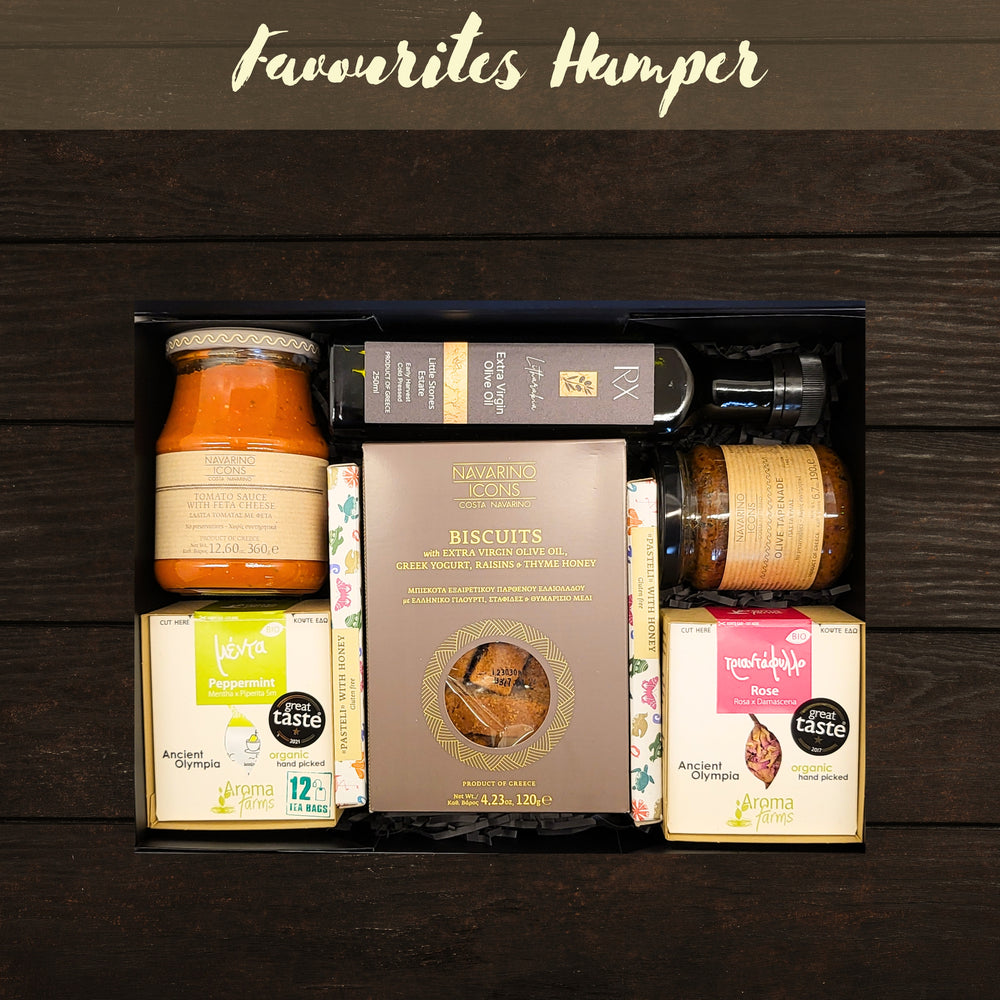 Favourites Hamper includes delectable sweet & savoury 'biscotti-style' bites with an assortment of our gourmet favourites including Navarino Icon's amazing Tomato & Feta sauce as well as two of our favourite teas from Ancient Olympia Greece.