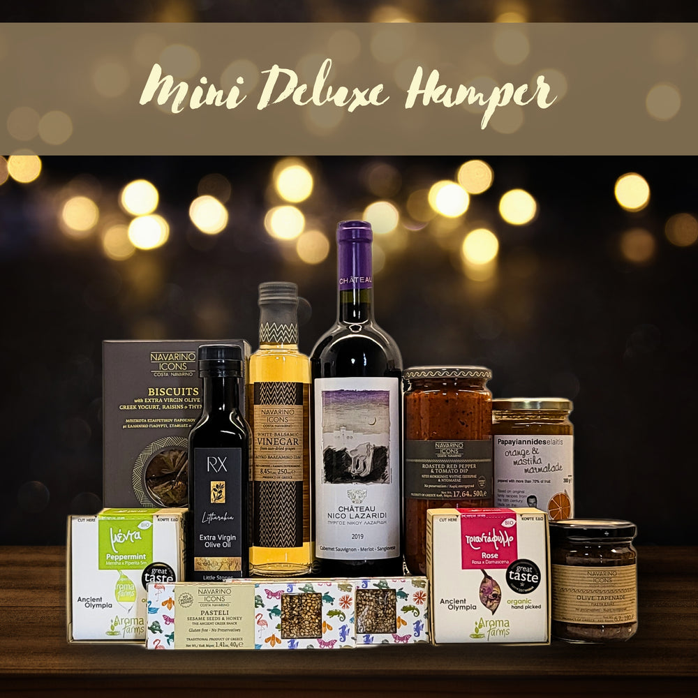 Mini Deluxe Hamper comes with either an exquisite Red, White or Rosé Wine from one of Greece's leading estates, Nico Lazaridi, and comes with an assortment of our gourmet products from Greece.