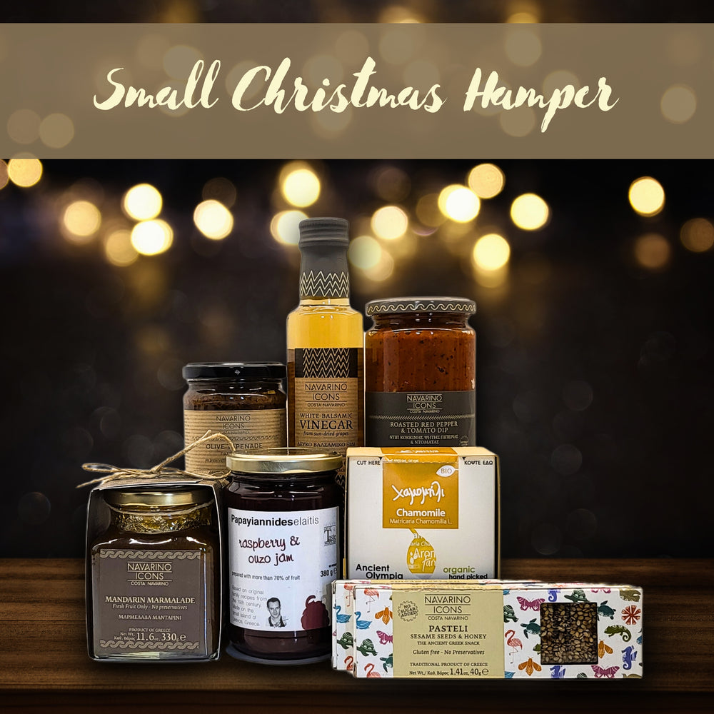 Small Christmas Hamper includes a gourmet selection featuring our best sellers including the taste-sensation Raspberry & Ouzo Jam with an assortment of gourmet products from the exclusive Navarino Icons, as well as a wonderfully aromatic & calming organic Greek Chamomile Tea.