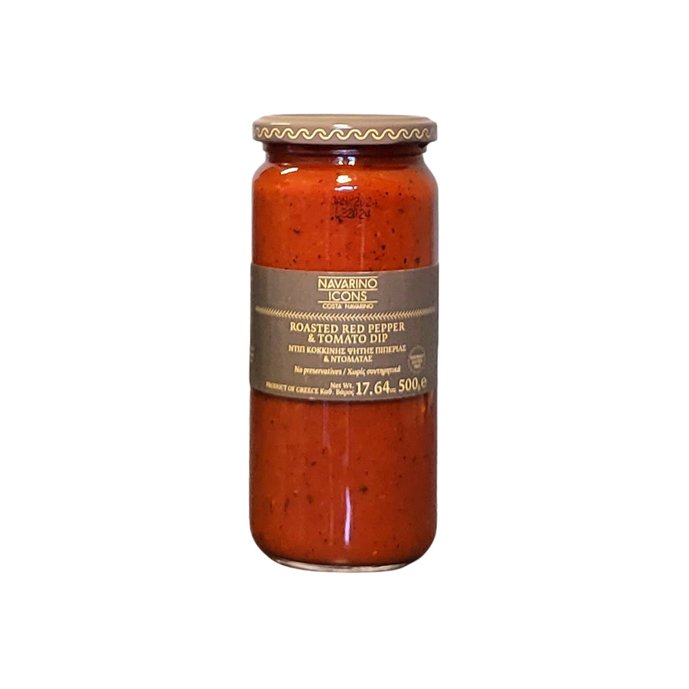 Navarino Icons Roasted Red Pepper Dip is a versatile condiment that can be used as a dip or as a cooking base.