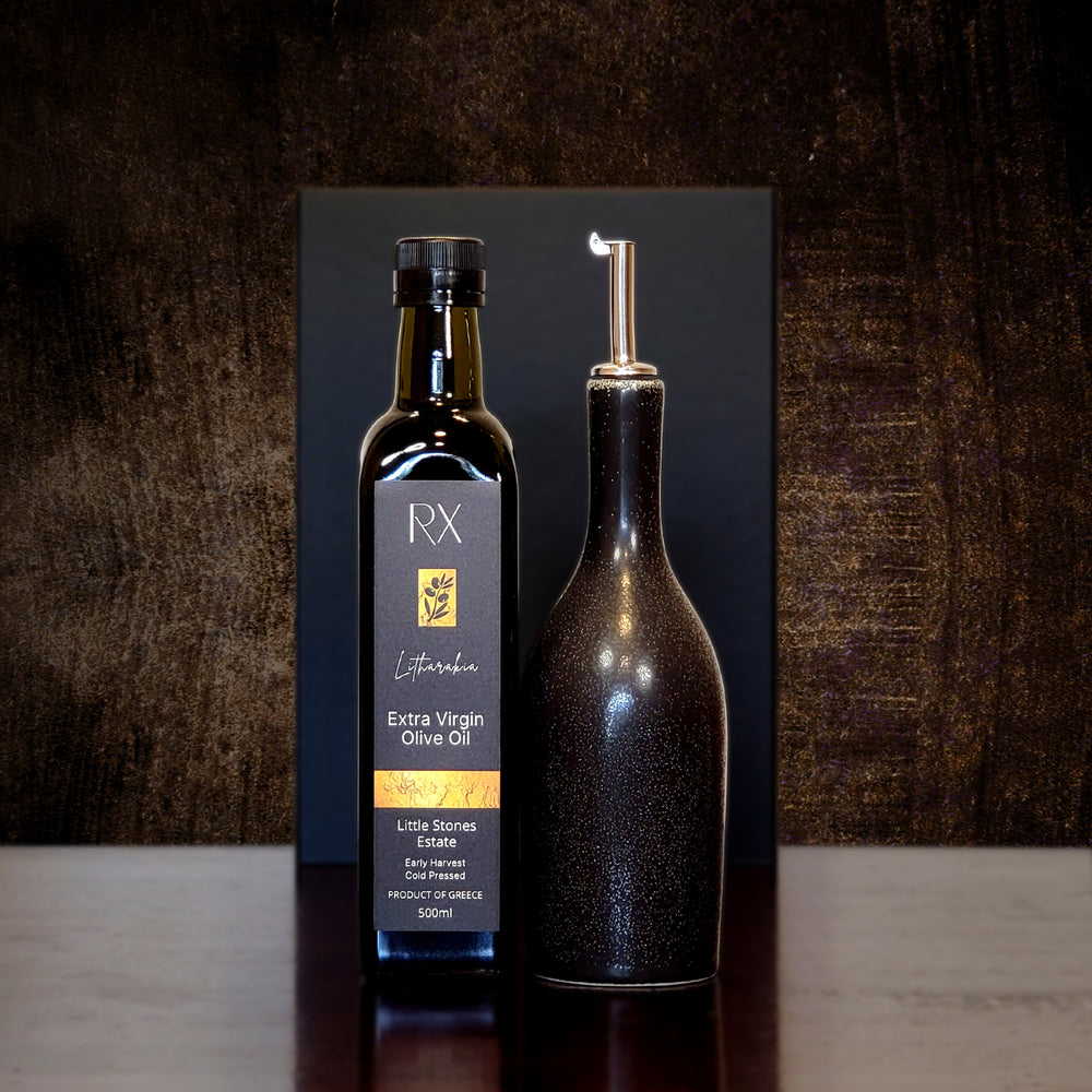 Gift set featuring the beautifully handcrafted charcoal ceramic oil bottle 'huilier' from the South of France, which is a must for any kitchen or dinner table, together with the Premium RX Estates first press, early harvest extra virgin olive oil from Greece.