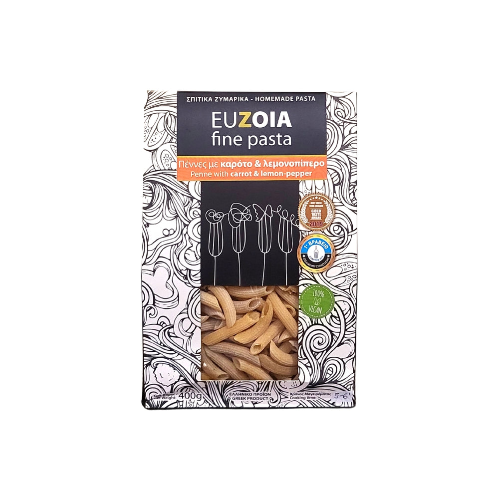 Euzoia Carrot and Lemon Pepper Penne is handmade with Greek durum wheat semolina, fresh carrot and lemon pepper, creating a gourmet twist to a traditional pasta recipe.