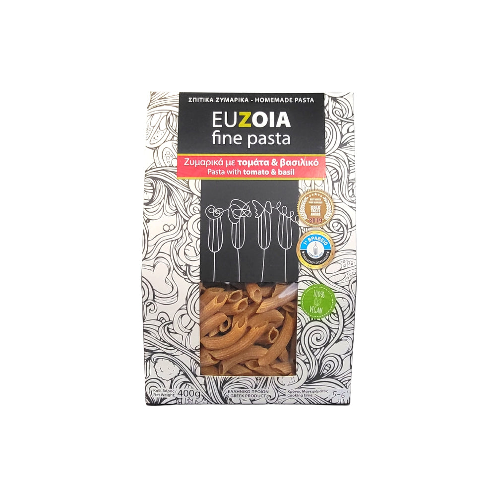 Euzoia Tomato and Basil Penne is handmade with Greek durum wheat semolina, tomato and basil, creating a gourmet twist to a traditional pasta recipe.