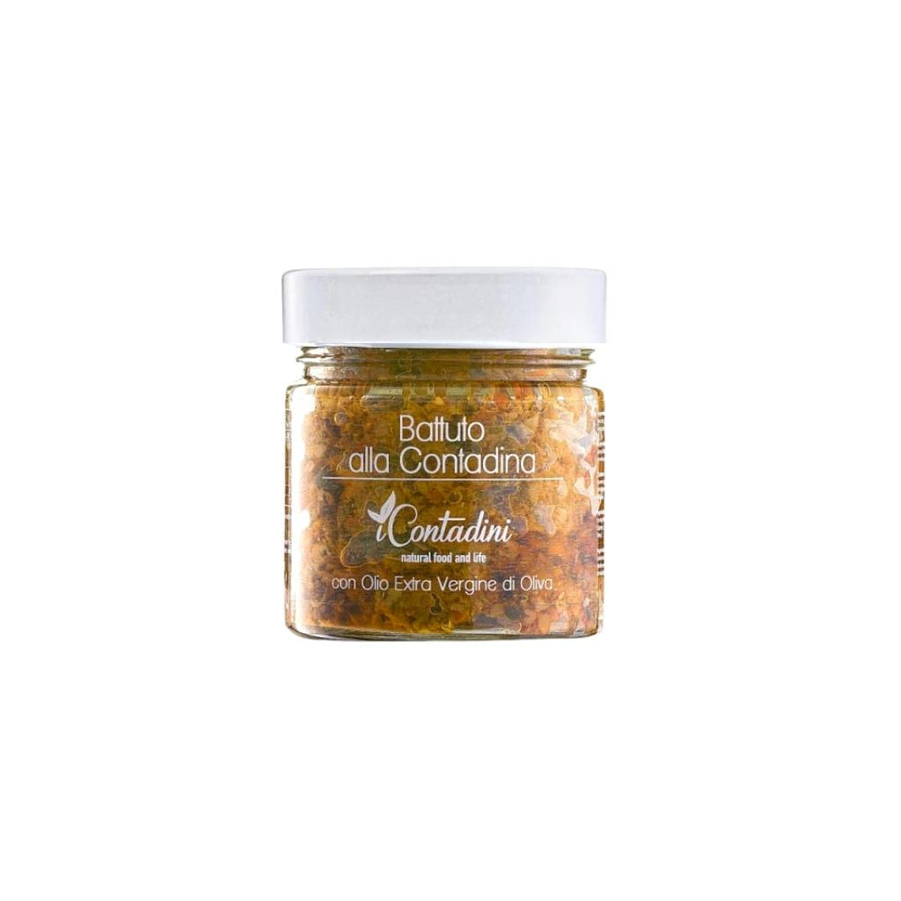 I Contadini Country Vegetable Mix is a traditional pate of 'peasant-favourite' vegetables. The Battuto alla Contadina is made with eggplants, zucchini, tomato, onion and olives, and preserved in extra virgin olive oil, lemon juice and herbs.