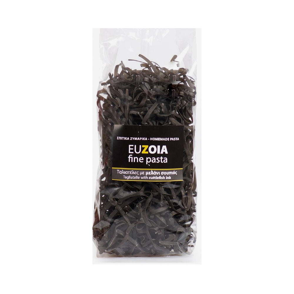 Euzoia Squid Ink Tagliatelle is handmade with Greek durum wheat semolina and squid ink, creating a gourmet twist to a traditional pasta recipe.