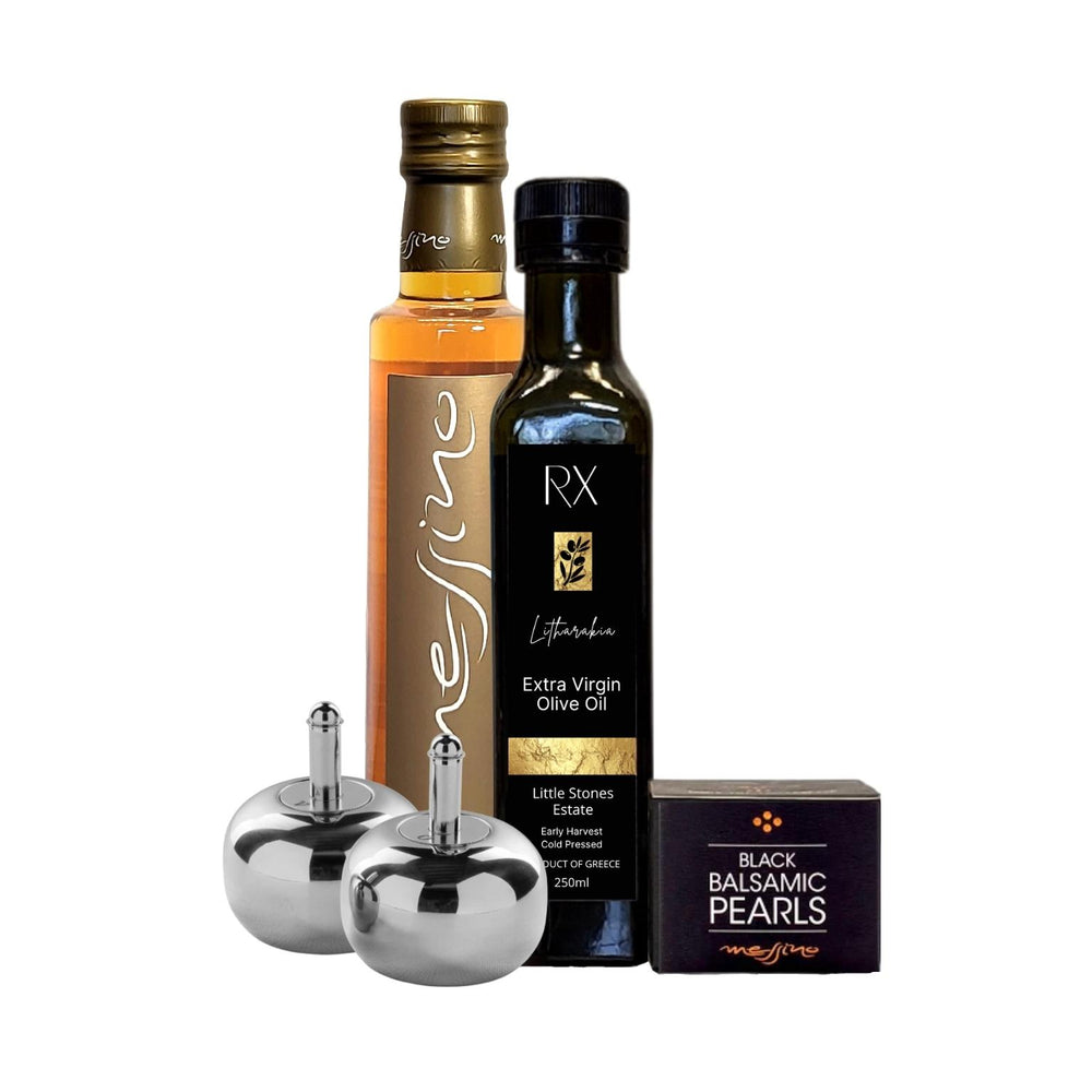 
                  
                    Premium RX Estates first press, early harvest extra virgin olive oil from Greece in 250ml bottle, Messino White Balsamic Vinegar and Black Balsamic Pearls, with Olipac, Italy, Oil and Vinegar Duo.
                  
                
