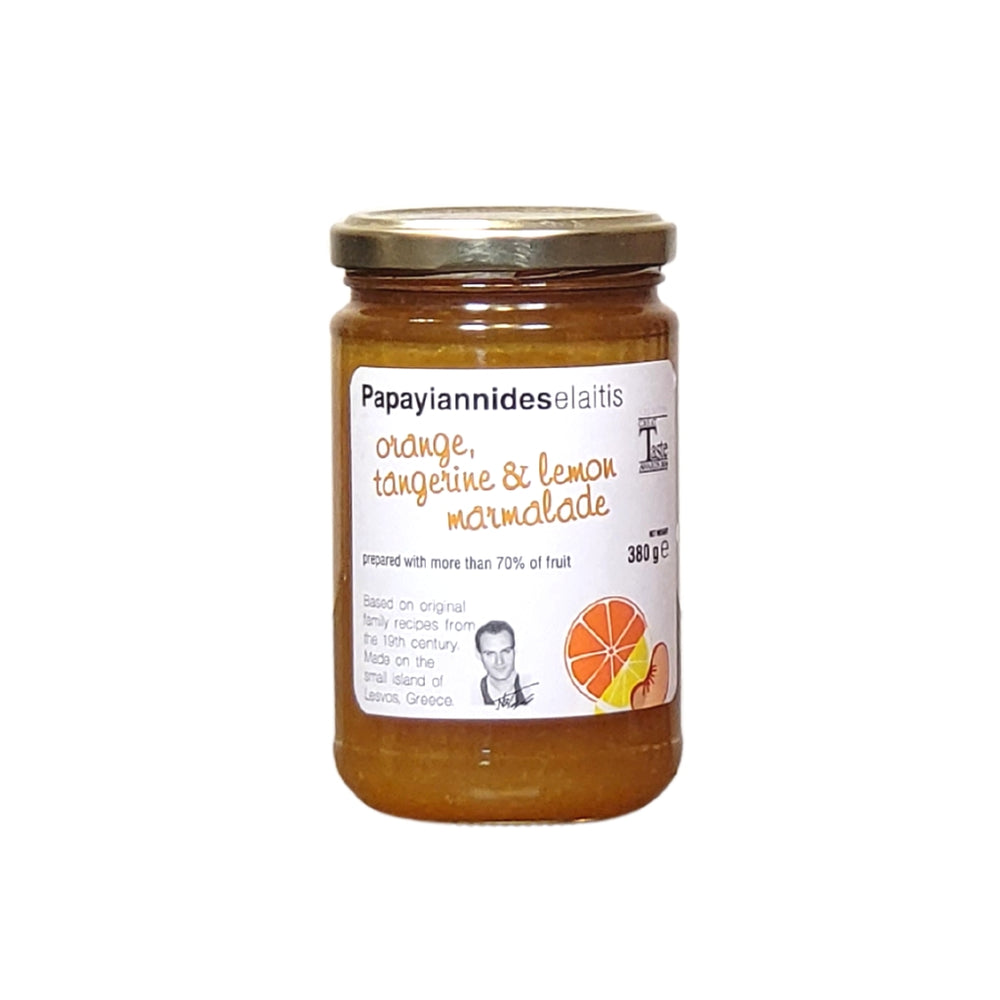 Papayiannides Orange, Tangerine, Lemon Marmalade from the island of Lesvos, Greece adds a modern twist to traditional family recipes from the 19th Century.