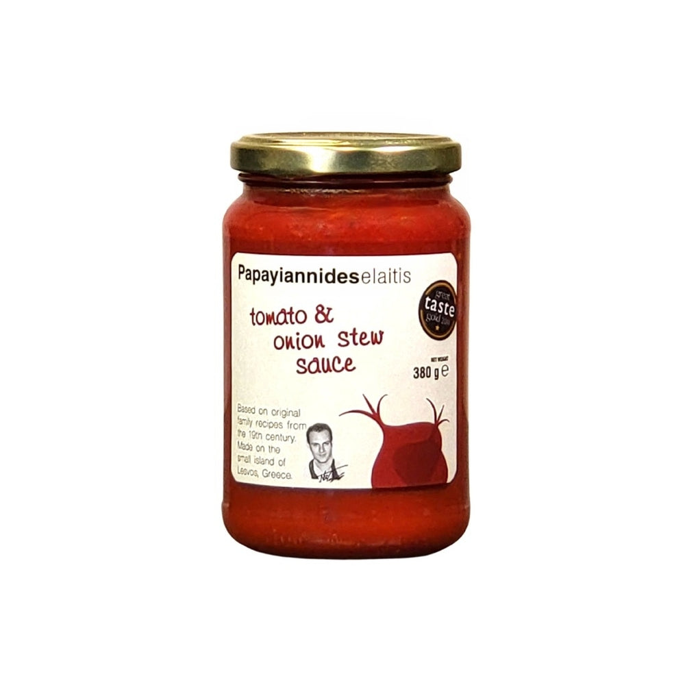 Papayiannides Tomato & Onion Stew Sauce from the island of Lesvos, Greece adds a modern twist to traditional family recipes from the 19th Century. A taste sensation, and a winner of national and international awards, this traditional Greek sauce is made with stewed onions and is perfect for gourmet pasta, veal dishes and legumes.
