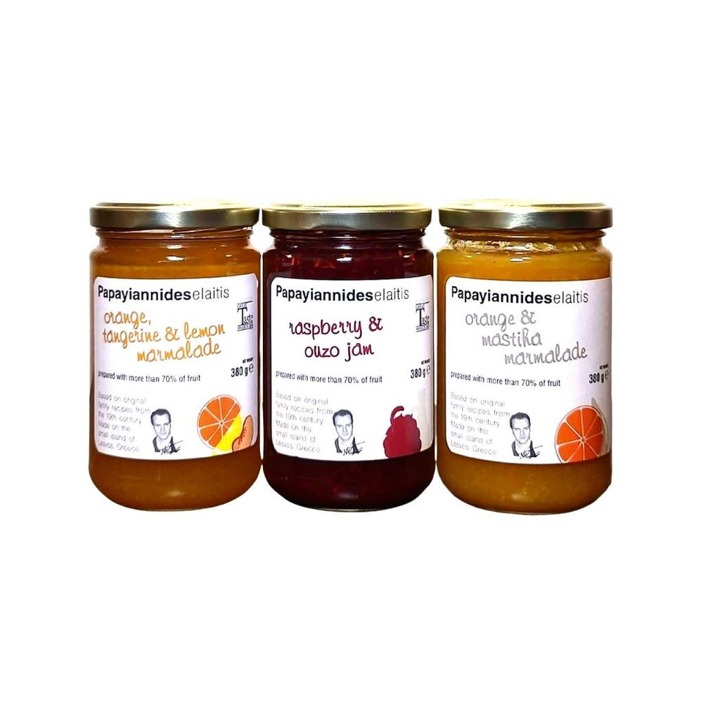 
                  
                    Papayiannides Gift Set with Raspberry & Ouzo Jam; Orange & Chios Mastic Marmalade; Orange, Lemon & Tangerine Marmalade.
                  
                