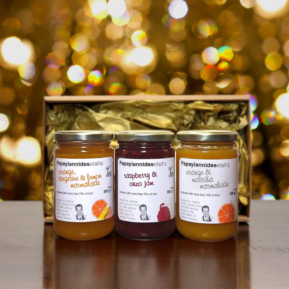 Papayiannides Gift Set with Raspberry & Ouzo Jam; Orange & Chios Mastic Marmalade; Orange, Lemon & Tangerine Marmalade.