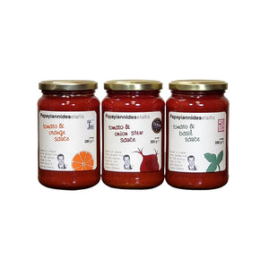 
                  
                    Papayiannides Pasta Sauce Gift Set features Tomato & Basil Pasta Sauce, Tomato & Onion Stew Pasta Sauce, Tomato & Orange Pasta Sauce. 
                  
                
