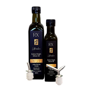 
                  
                    Premium RX Estates first press, early harvest extra virgin olive oil from Greece in 500ml and 250ml bottles with curved roll-on and double Olipac, Italy, stainless steel pourers.
                  
                