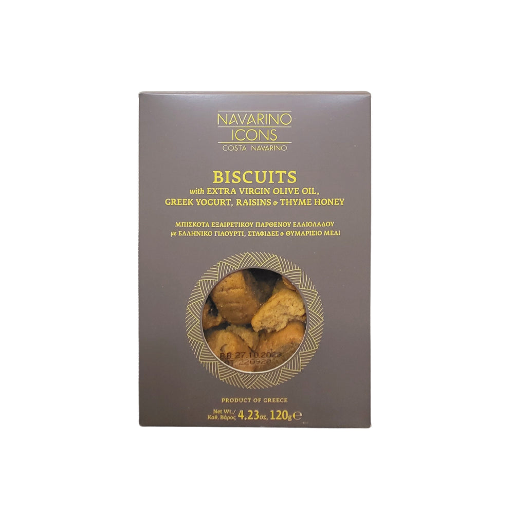 Navarino Icons Olive Oil, Greek Yoghurt, Thyme Honey and Raisin Biscuits combine the Mediterranean's best ingredients in one delectable bite.