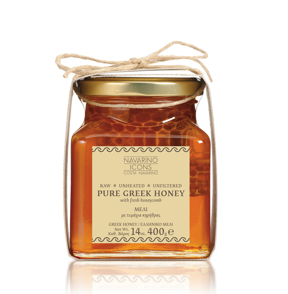 Navarino Icons Pure Greek Honey with Honeycomb. Premium Greek Honey.