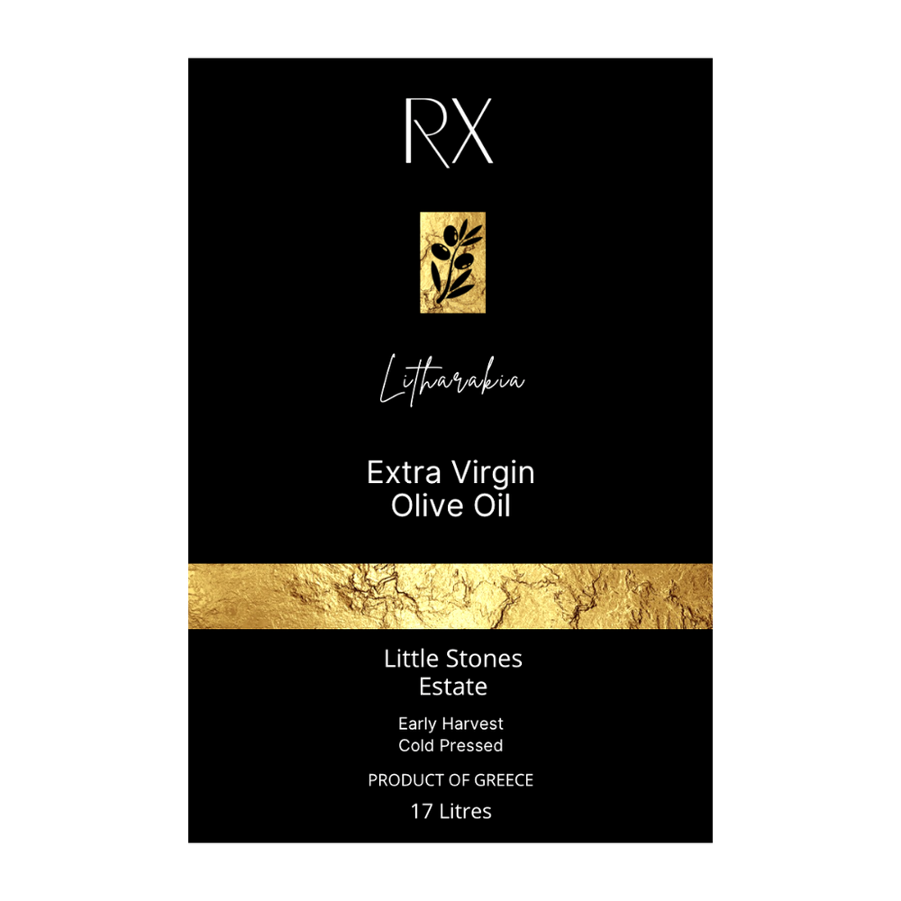 RX Little Stones Estate. Premium first press, early harvest extra virgin olive oil. Unfiltered, single estate. Fresh, fruity and robust authentic Greek olive oil. 17L.