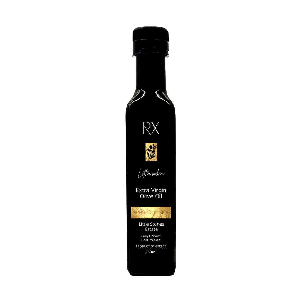 RX Little Stones Estate. Premium first press, early harvest extra virgin olive oil. Unfiltered, single estate. Fresh, fruity and robust authentic Greek olive oil. 250ml.
