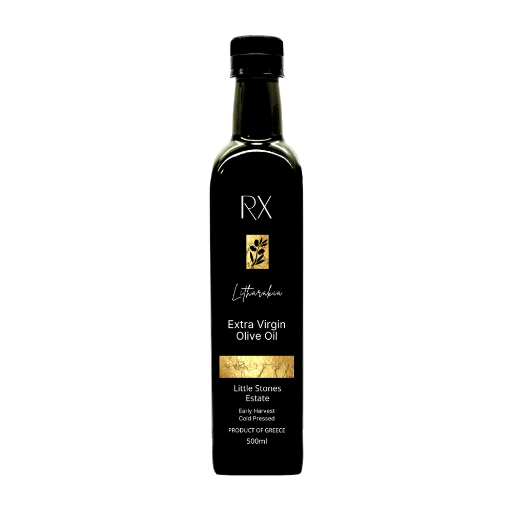 RX Little Stones Estate. Premium first press, early harvest extra virgin olive oil. Unfiltered, single estate. Fresh, fruity and robust authentic Greek olive oil. 500ml.