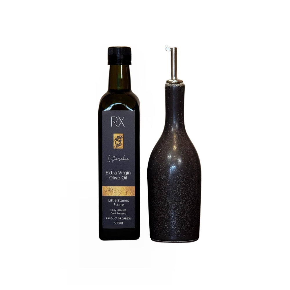 
                  
                    Gift set featuring the beautifully handcrafted charcoal ceramic oil bottle 'huilier' from the South of France, which is a must for any kitchen or dinner table, together with the Premium RX Estates first press, early harvest extra virgin olive oil from Greece.
                  
                